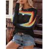 image:imageMakeMeChic Womens Crochet Cover Up Top Swimsuit Rainbow Hollow Out Long Sleeve Beach Pullover SweaterBlack Striped