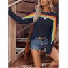 image:imageMakeMeChic Womens Crochet Cover Up Top Swimsuit Rainbow Hollow Out Long Sleeve Beach Pullover SweaterBlue Striped