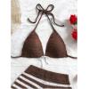 image:imageMakeMeChic Womens Crochet Two Piece Cover Up Outfit Halter Tie Backless Bikini Top and Striped Shorts SetBrown