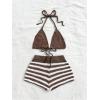 image:imageMakeMeChic Womens Crochet Two Piece Cover Up Outfit Halter Tie Backless Bikini Top and Striped Shorts SetBrown