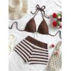 image:imageMakeMeChic Womens Crochet Two Piece Cover Up Outfit Halter Tie Backless Bikini Top and Striped Shorts SetBrown