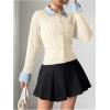 image:imageMakeMeChic Womens Cropped Sweater Collared Cable Knit Cardigan Button Down Long Sleeve Formal Preppy ClothesBeige