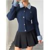 image:imageMakeMeChic Womens Cropped Sweater Collared Cable Knit Cardigan Button Down Long Sleeve Formal Preppy ClothesRoyal Blue