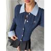 image:imageMakeMeChic Womens Cropped Sweater Collared Cable Knit Cardigan Button Down Long Sleeve Formal Preppy ClothesRoyal Blue
