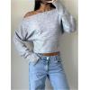 image:imageMakeMeChic Womens Cropped Sweaters Long Sleeve Off The Shoulder Sweater Y2k Going Out TopsLight Grey