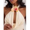 image:imageMakeMeChic Womens Draped Neck Halter Top 3D Floral Backless Sleeveless Summer Beach Vacation Crop Tank TopsApricot