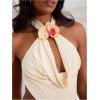 image:imageMakeMeChic Womens Draped Neck Halter Top 3D Floral Backless Sleeveless Summer Beach Vacation Crop Tank TopsApricot