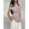 image:imageMakeMeChic Womens Elegant Office Top Belted Short Sleeve Blouse Boat Neck Classy Formal ShirtKhaki