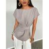 image:imageMakeMeChic Womens Elegant Office Top Belted Short Sleeve Blouse Boat Neck Classy Formal ShirtKhaki