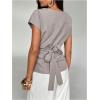 image:imageMakeMeChic Womens Elegant Office Top Belted Short Sleeve Blouse Boat Neck Classy Formal ShirtKhaki