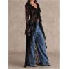 image:imageMakeMeChic Womens Floral Lace Tops Tie V Neck Blouse Long Sleeve Ruffle High Low Elegant ShirtBlack