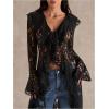 image:imageMakeMeChic Womens Floral Lace Tops Tie V Neck Blouse Long Sleeve Ruffle High Low Elegant ShirtBlack