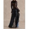 image:imageMakeMeChic Womens Floral Lace Tops Tie V Neck Blouse Long Sleeve Ruffle High Low Elegant ShirtBlack