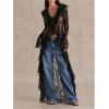 image:imageMakeMeChic Womens Floral Lace Tops Tie V Neck Blouse Long Sleeve Ruffle High Low Elegant ShirtBlack