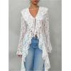 image:imageMakeMeChic Womens Floral Lace Tops Tie V Neck Blouse Long Sleeve Ruffle High Low Elegant ShirtWhite