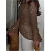 image:imageMakeMeChic Womens Glitter Sequin Tops Crochet Sweater Sparkly Long Sleeve Crew Neck Party Sheer TopBrown