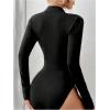 image:imageMakeMeChic Womens Long Sleeve Bodysuit Turtleneck Shapewear Half Zip Up Going Out Sexy TopsBlack