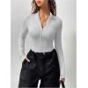 image:imageMakeMeChic Womens Long Sleeve Bodysuit Turtleneck Shapewear Half Zip Up Going Out Sexy TopsLight Grey