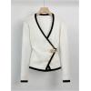 image:imageMakeMeChic Womens Metal Button Up Sweaters Cardigan Wrap V Neck Tie Back Long Sleeve Knit TopsBlack and White