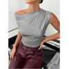image:imageMakeMeChic Womens Metallic Sparkly Off The Shoulder Tops Ruched Sleeveless Fitted Party Tee ShirtSilver