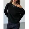 image:imageMakeMeChic Womens Off The Shoulder Sweater Grunge Long Sleeve Rivet Studded Punk Pullovers TopBlack