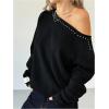 image:imageMakeMeChic Womens Off The Shoulder Sweater Grunge Long Sleeve Rivet Studded Punk Pullovers TopBlack