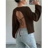 image:imageMakeMeChic Womens Open Back Sweater Tie Backless Long Sleeve Crew Neck Y2K Knit TopsDark Brown