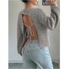 image:imageMakeMeChic Womens Open Back Sweater Tie Backless Long Sleeve Crew Neck Y2K Knit TopsLight Grey