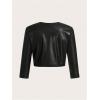 image:imageMakeMeChic Womens PU Leather Cropped Jacket 34 Sleeve Pleated Open Front Coat OuterwearBlack
