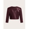 image:imageMakeMeChic Womens PU Leather Cropped Jacket 34 Sleeve Pleated Open Front Coat OuterwearBurgundy