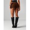 image:imageMakeMeChic Womens PU Leather Lace Up Mini Shorts Low Waisted Straight Leg Goth Black Micro Rave ShortsBrown