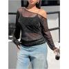 image:imageMakeMeChic Womens Plus Size Y2K Tops Asymmetrical Mesh Sheer Long Sleeve Going Out Tops Tee ShirtsBlack