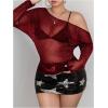 image:imageMakeMeChic Womens Plus Size Y2K Tops Asymmetrical Mesh Sheer Long Sleeve Going Out Tops Tee ShirtsBurgundy