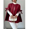 image:imageMakeMeChic Womens Poncho Cape Coat Bow Knot Crew Neck Open Front Jacket OuterwearBurgundy