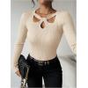 image:imageMakeMeChic Womens Ribbed Knit Top Cutout Twist Neck Long Sleeve Pullover SweaterBeige