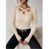 image:imageMakeMeChic Womens Ribbed Knit Top Cutout Twist Neck Long Sleeve Pullover SweaterBeige