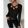 image:imageMakeMeChic Womens Ribbed Knit Top Cutout Twist Neck Long Sleeve Pullover SweaterBlack