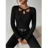 image:imageMakeMeChic Womens Ribbed Knit Top Cutout Twist Neck Long Sleeve Pullover SweaterBlack