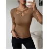 image:imageMakeMeChic Womens Ribbed Knit Top Cutout Twist Neck Long Sleeve Pullover SweaterKhaki