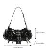 image:imageMakeMeChic Womens Rivet Shoulder Bag PU Leather Buckle Y2K Punk Vintage Tote Bag HandbagsBlack