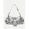 image:imageMakeMeChic Womens Rivet Shoulder Bag PU Leather Buckle Y2K Punk Vintage Tote Bag HandbagsSilver
