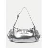 image:imageMakeMeChic Womens Rivet Shoulder Bag PU Leather Buckle Y2K Punk Vintage Tote Bag HandbagsSilver