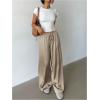 image:imageMakeMeChic Womens Satin Pants Drawstring Waist Straight Leg Chocolate Brown Silk Lounge PantsKhaki
