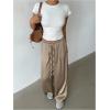 image:imageMakeMeChic Womens Satin Pants Drawstring Waist Straight Leg Chocolate Brown Silk Lounge PantsKhaki