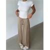 image:imageMakeMeChic Womens Satin Pants Drawstring Waist Straight Leg Chocolate Brown Silk Lounge PantsKhaki