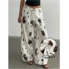 image:imageMakeMeChic Womens Satin Pants Drawstring Waist Straight Leg Chocolate Brown Silk Lounge PantsMulticolor Cow