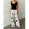 image:imageMakeMeChic Womens Satin Pants Drawstring Waist Straight Leg Chocolate Brown Silk Lounge PantsMulticolor Cow