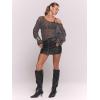 image:imageMakeMeChic Womens Sequin Crochet Sheer T Shirt Swimsuit Cover Up Beach Hollow Out Long Sleeve TopsBlack