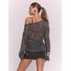 image:imageMakeMeChic Womens Sequin Crochet Sheer T Shirt Swimsuit Cover Up Beach Hollow Out Long Sleeve TopsBlack