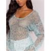 image:imageMakeMeChic Womens Sequin Crochet Sheer T Shirt Swimsuit Cover Up Beach Hollow Out Long Sleeve TopsBlue